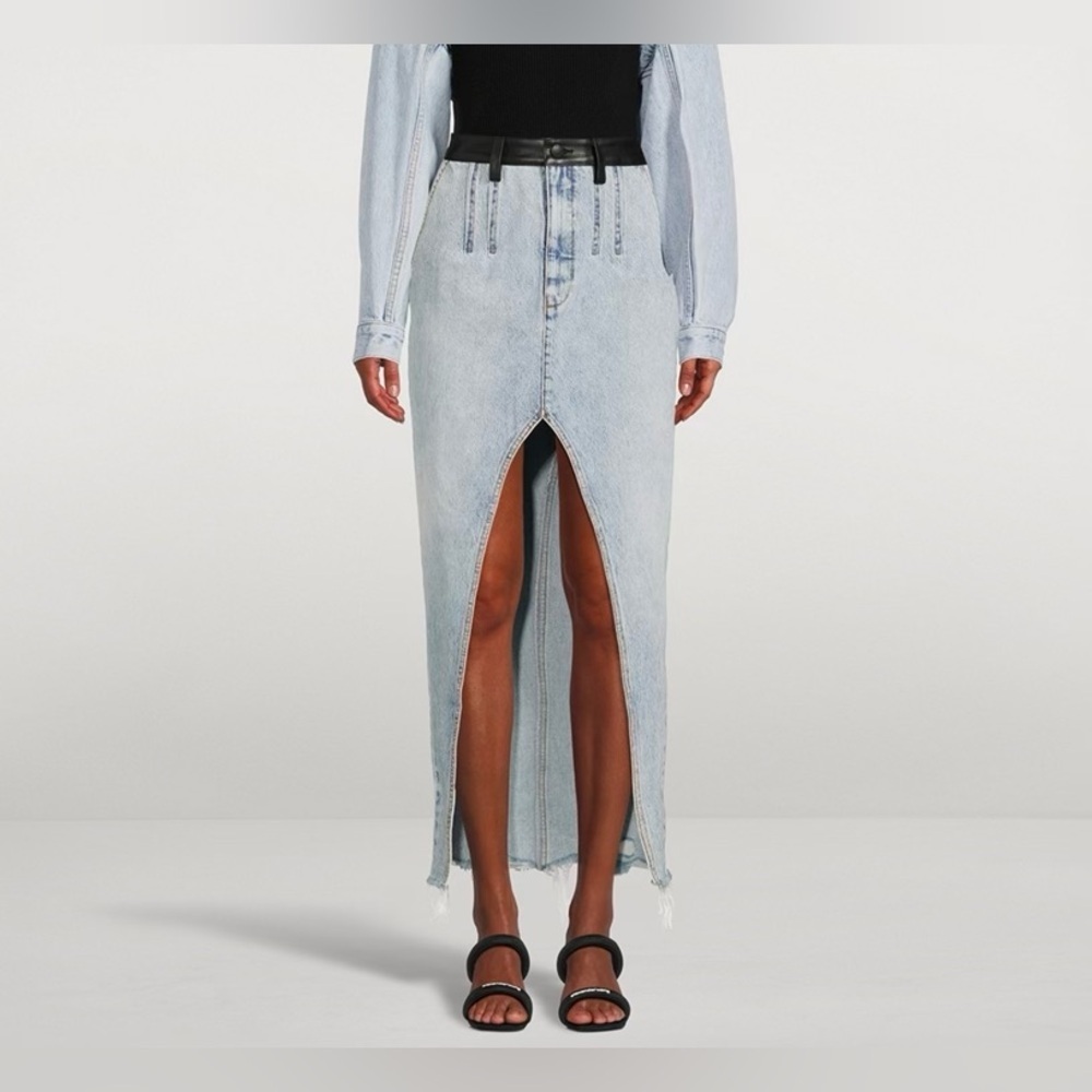 Kate Hewko Denim Skirt High Front Slit Raw Hem Faux Leather Detail Size Small